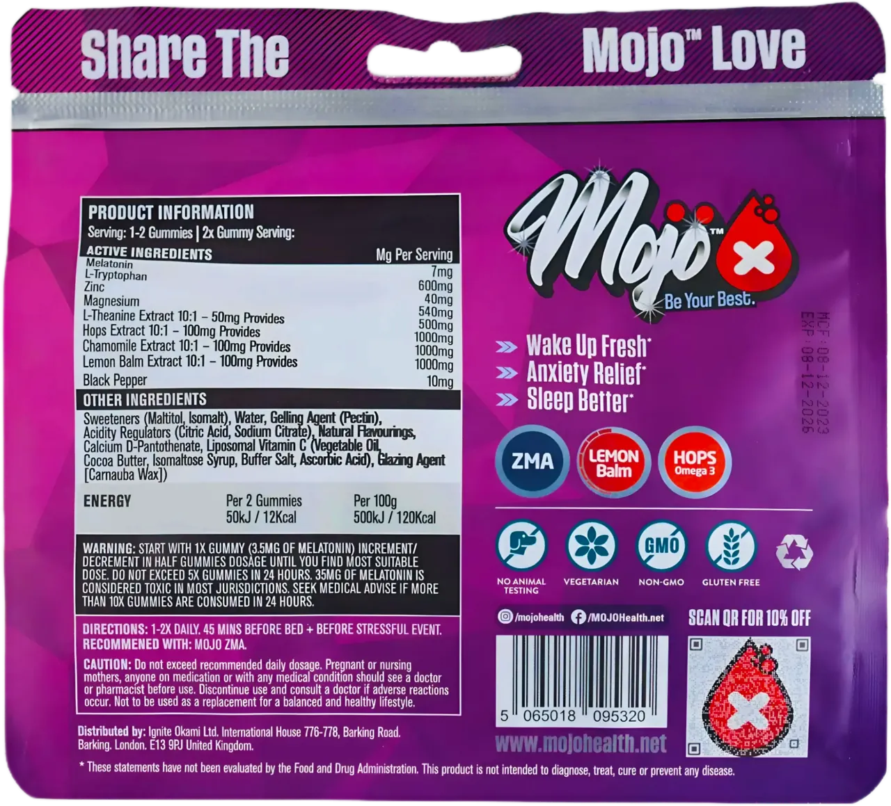 Mojo Recharge Sleep Melatonin L Tryptophan Gummies