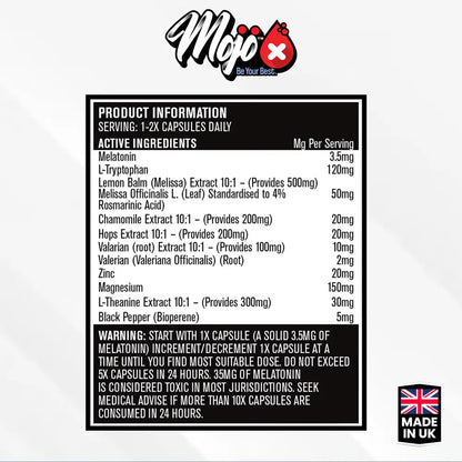 Mojo Recharge Melatonin L Tryptophan L Theanine Valerian Hops Chamomile Natural Sleep Aid Capsules Supplements Ingredients