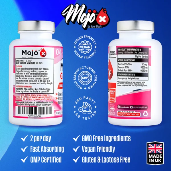 Mojo Glow Collagen Peptide Booster Silica Pure D Biotin Biotin B7 Selenium