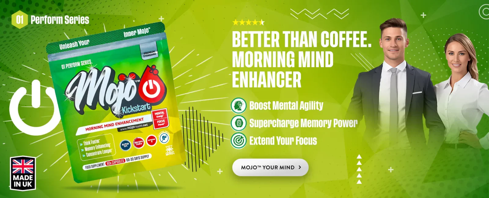 MOJO Kickstart Supplement ADHD Focus Memory Nootropic Best Brain Booster Neurotropics UK Capsules