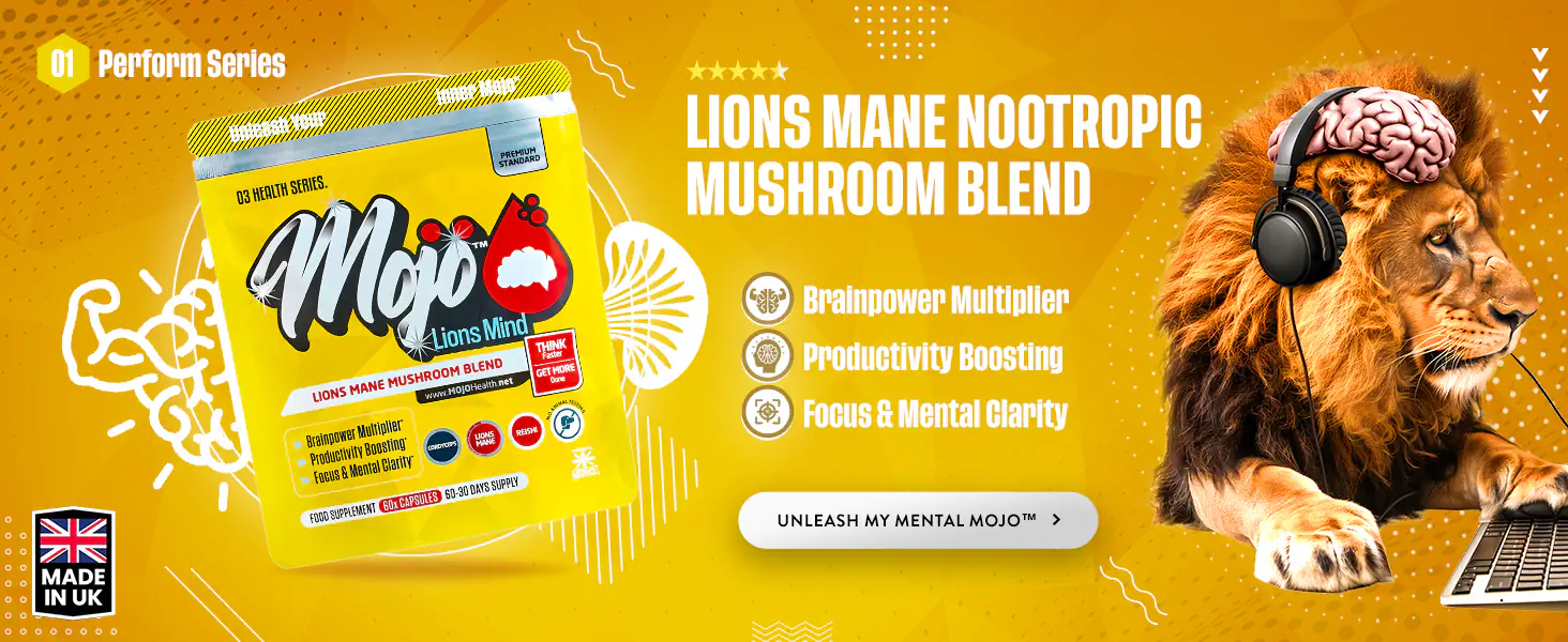 MOJO LionsMind Best UK Lions Mane Nootropic Alpha Brain Genius Reishi Cordyceps Mushroom Supplement