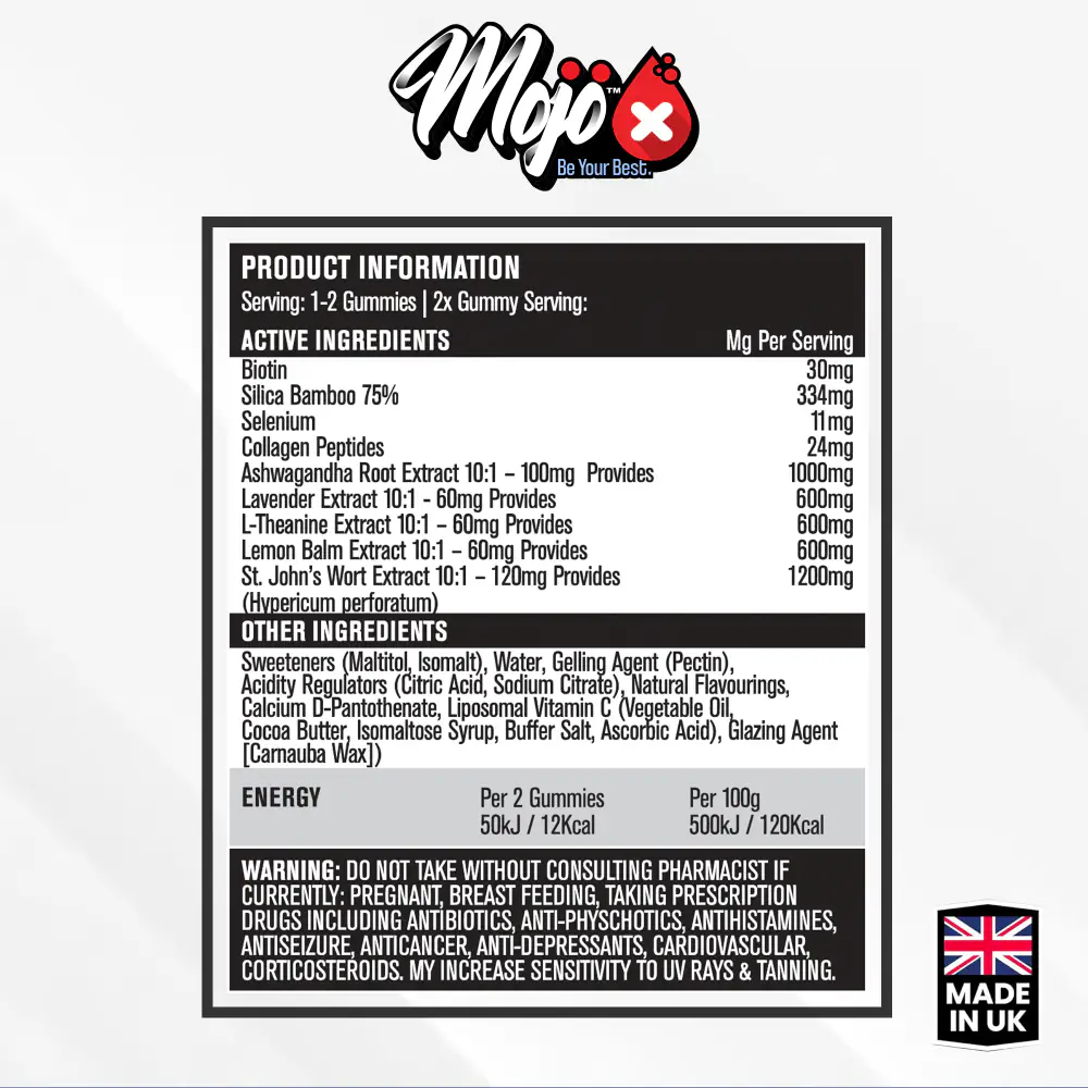 MOJO Glow Gummies Beauty Supplement Collegan Peptides St Johns Wort Selenium Biotin B7 Selenium L-Theanine Lamon Balm Melissa Officinalis Lavender Ashwagandha Ingredients